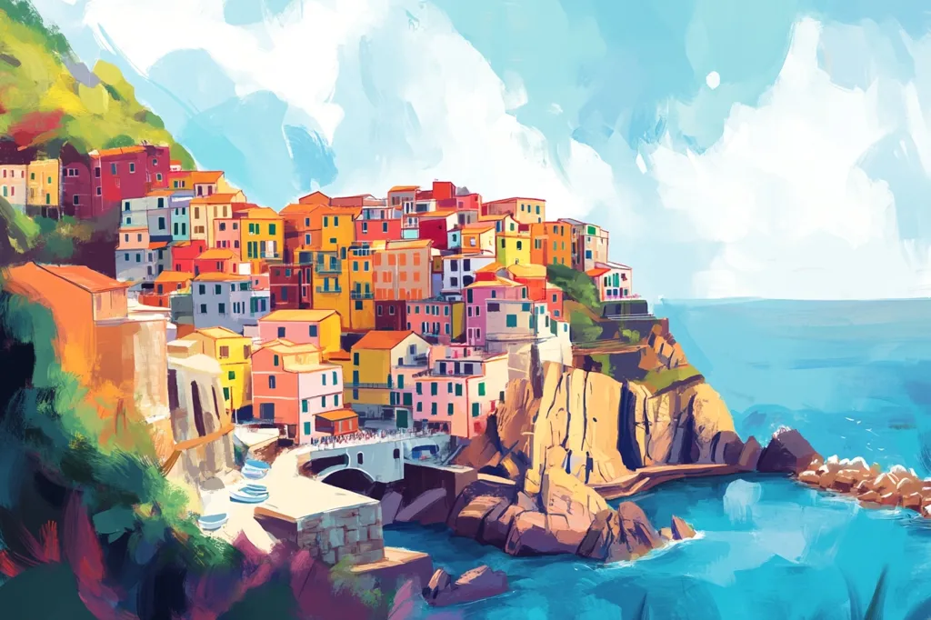 A vibrant painting depicts a picturesque coastal town clinging to a rocky cliffside.  Brightly colored buildings cascade down the hillside, meeting a tranquil turquoise sea.  Small boats rest in the calm waters below, while a small bridge connects sections of the town. The style is impressionistic, with visible brushstrokes and a focus on color and light.  The overall mood is cheerful and idyllic.