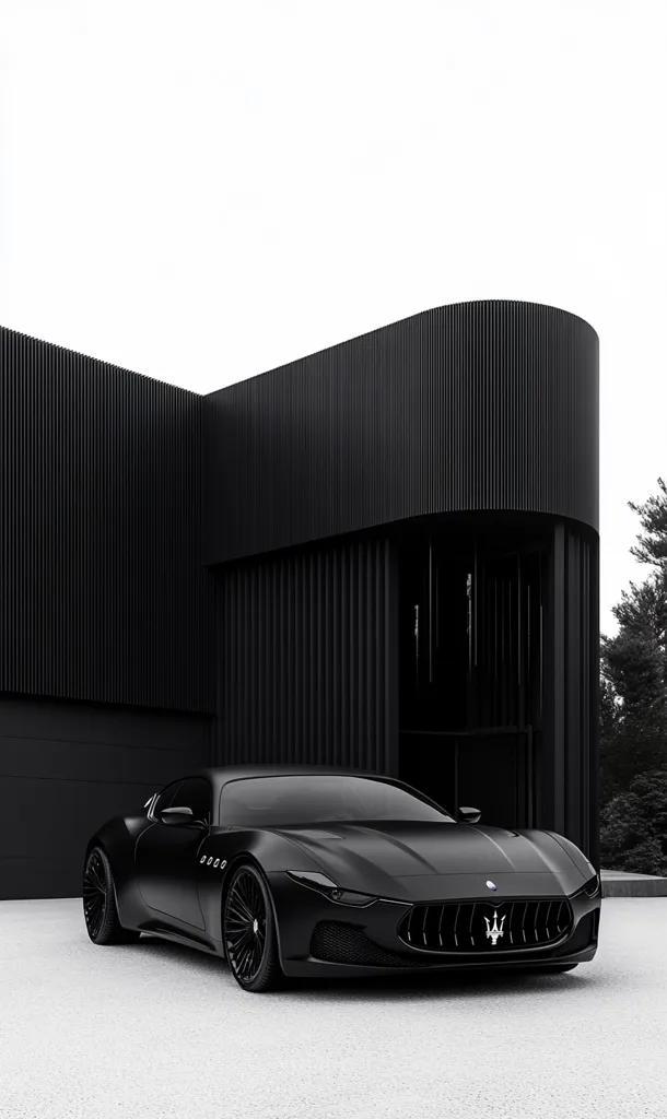 A sleek, black Maserati sports car sits parked in front of a modern, black building. The building's exterior is composed of vertical, ribbed panels, creating a striking contrast against the smooth curves of the car.  The scene is minimalistic, with a clean, white background and a few trees visible in the distance. The overall aesthetic is dark, sophisticated, and luxurious.