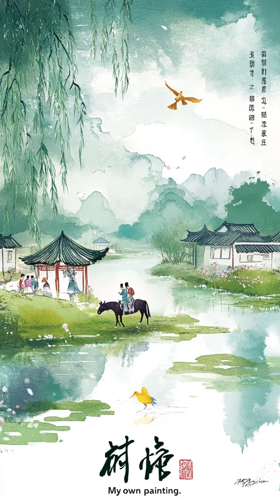 A serene watercolor painting depicts a tranquil landscape.  Two figures ride a horse along a calm river, passing traditional Chinese buildings and a pavilion where people gather.  Willow trees weep over the water, and birds fly overhead.  The style is reminiscent of classical Chinese ink wash painting, evoking peace and tranquility. The title, "My own painting," is subtly placed below.