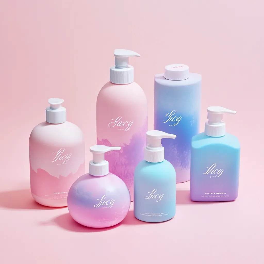 Five pastel-colored bottles of Sacy brand skincare products are arranged on a pink surface.  The bottles are various sizes and shapes, with pump dispensers.  The color scheme is soft pinks, purples, and blues, giving a calming and feminine aesthetic.  The Sacy logo is subtly printed on each bottle.