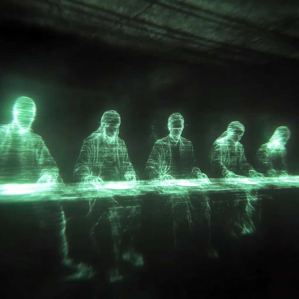 Five ethereal, green holographic figures sit at a long table in a dimly lit room.  Their forms are composed of shimmering lines of light, giving them a ghostly appearance.  The scene is dark and mysterious, suggesting a clandestine meeting or a futuristic technological setting.  The figures appear to be engaged in some form of discussion or interaction.