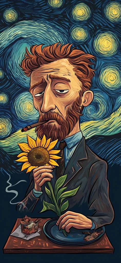 A stylized portrait of Vincent van Gogh, depicted in the style of his famous "The Starry Night". He holds a sunflower, smoking a cigar, with a plate and remnants of food before him.  The artist's signature style is evident in the swirling background and expressive brushstrokes, creating a vibrant and evocative image. The overall mood is melancholic yet captivating.