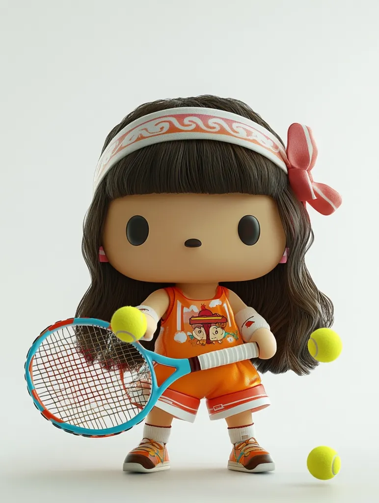 A 3D-rendered illustration depicts a cute, chibi-style girl dressed in an orange tennis outfit.  She has long brown hair adorned with a patterned headband and a pink bow.  She holds a tennis racket, and several tennis balls are scattered around her.  The overall style is playful and vibrant, with a focus on charming character design.