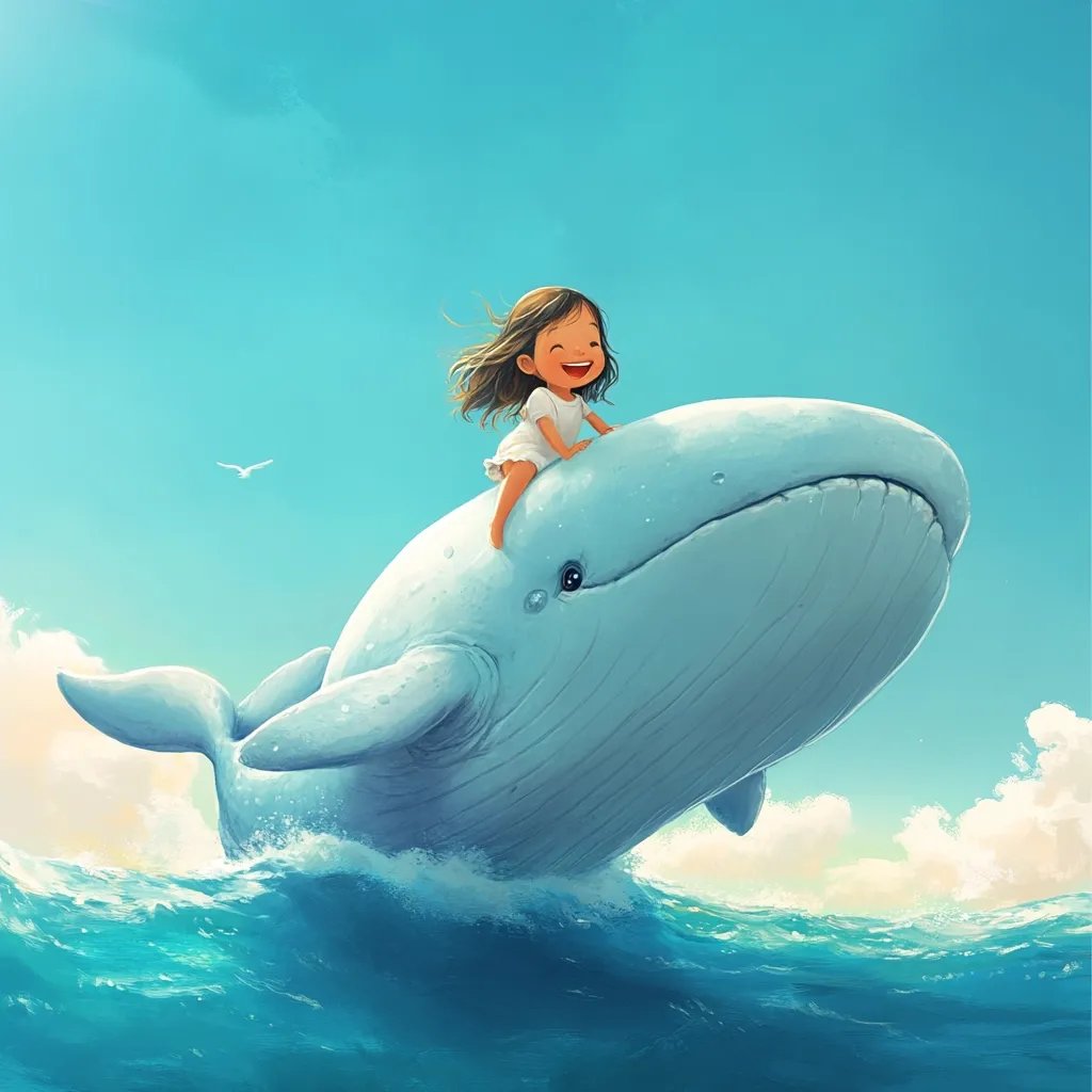 A cheerful girl with brown hair sits atop a large, light-blue whale, joyfully riding above the ocean waves under a bright blue sky.  The scene is whimsical and serene, depicting a childlike sense of wonder and adventure. The whale appears friendly and gentle, creating a heartwarming image of companionship and carefree joy.  A small bird is visible in the distance, adding to the peaceful atmosphere.