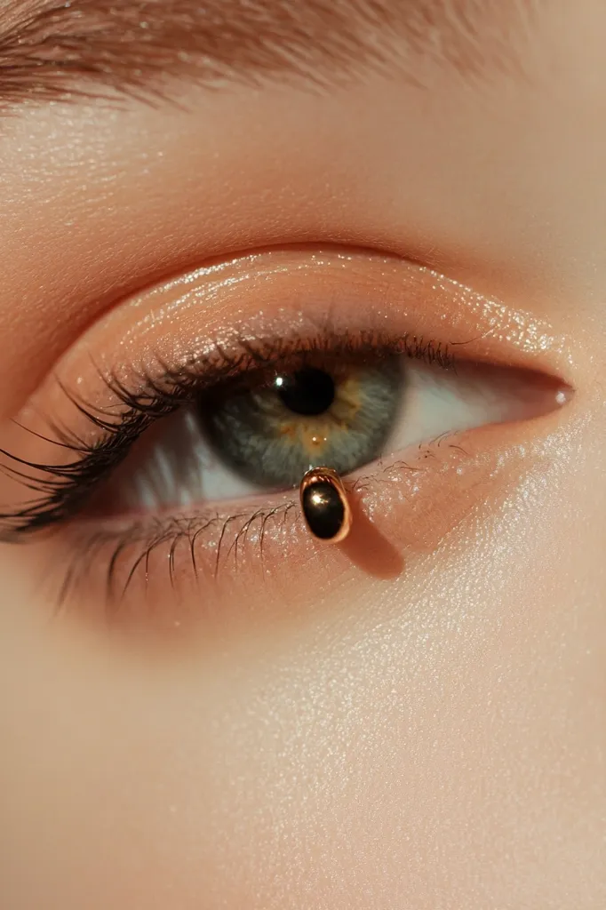 Close-up of a person's eye with peach-toned eyeshadow and long lashes. A small, gold, ball-shaped piercing is visible near the lower eyelid. The skin is smooth and appears to be lightly sun-kissed. The overall aesthetic is soft, natural, and subtly glamorous.  The eye color is a muted green.