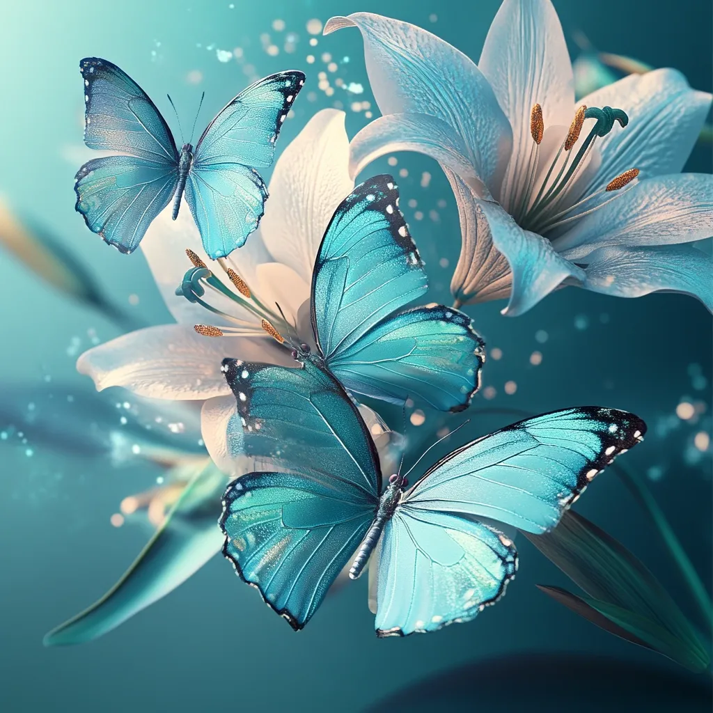 Three iridescent teal butterflies are delicately perched on elegant white lilies.  The butterflies' wings shimmer, catching the light against a soft teal backdrop.  A magical, ethereal quality is created by the soft focus and subtle sparkle effects, evoking a sense of serenity and beauty in nature.