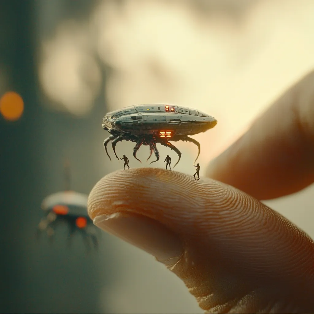 A miniature spaceship, resembling a spider with a futuristic craft on its back, rests on a human fingertip.  Tiny humanoid figures surround the vessel.  Another similar, smaller craft is visible in the blurred background. The scene evokes a sense of scale and the surreal juxtaposition of the immense and the minuscule.  The overall lighting suggests a warm, possibly sunset, ambiance.