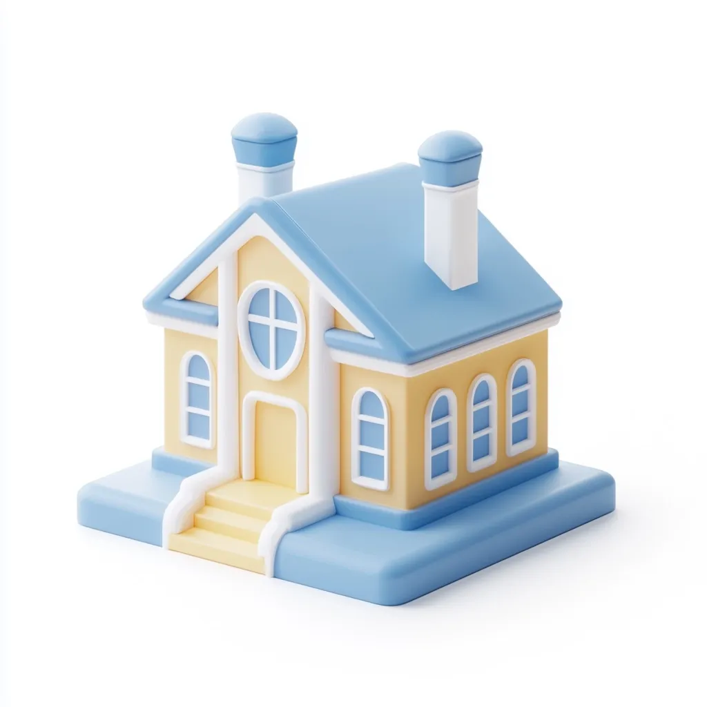 A charming, pastel-colored house model is presented against a white backdrop.  The house is primarily yellow with a light blue roof and base.  It features two chimneys, a central circular window, and smaller rectangular windows.  A small, pale yellow staircase leads to the entrance.  The overall style is simplistic and cartoonish, resembling a child's toy or a digital rendering.