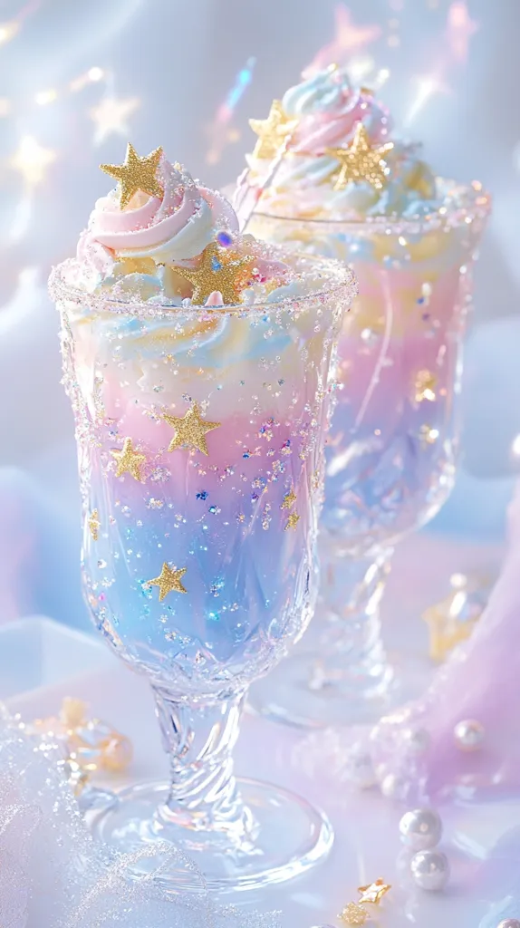 Two pastel-colored layered desserts are presented in elegant crystal glasses.  The desserts are topped with whipped cream, adorned with gold stars and sparkling sprinkles.  A soft, dreamy background of light purple and blue enhances the whimsical, fairytale-like aesthetic. The scene is delicate and evokes a feeling of sweetness and magic.