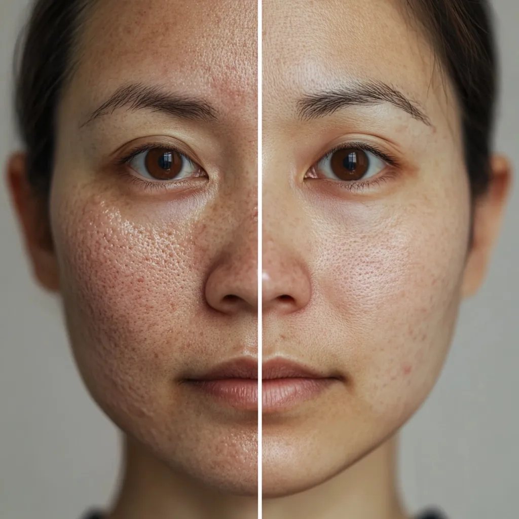 A split-face image shows the before-and-after results of a skincare treatment.  The left side displays skin with noticeable texture irregularities, scarring, and pigmentation. The right side reveals smoother, clearer skin with significantly reduced scarring and improved tone. The dramatic improvement highlights the effectiveness of the treatment.