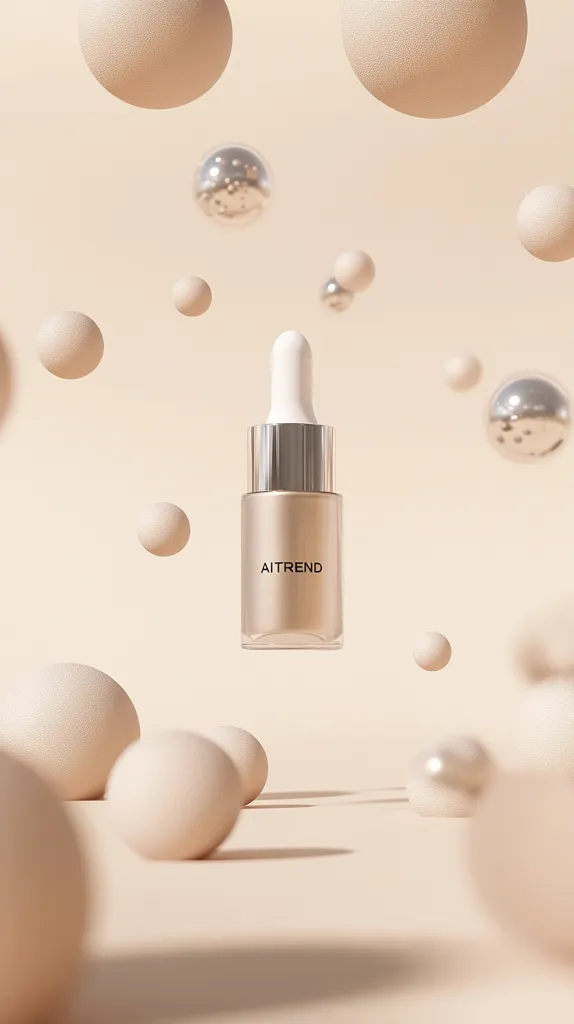 A bottle of AITREND serum floats amidst numerous beige and metallic spheres against a pale background. The serum bottle is glass with a silver cap and a dropper. The scene is minimalist and aesthetically pleasing, suggesting a beauty or skincare product.  The overall impression is one of elegance and lightness.