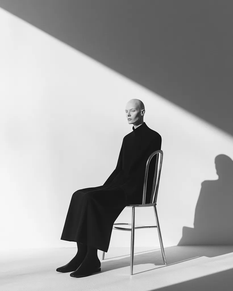 A bald, androgynous model sits on a minimalist metal chair against a stark white wall.  Dressed in a long, black coat and sleek black shoes, the figure is dramatically lit by a strong, diagonal light source.  The monochrome image emphasizes clean lines and sharp contrasts, creating a mood of quiet elegance and contemporary style. The shadow cast on the wall adds depth to the composition.