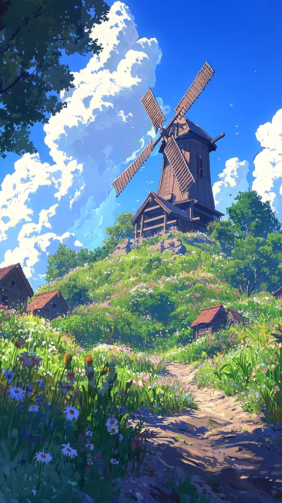 A picturesque illustration depicts a quaint windmill perched atop a verdant hill, surrounded by charming cottages nestled amongst a vibrant field of wildflowers.  The scene is bathed in the warm glow of a sunny day, with fluffy white clouds drifting across a bright blue sky. A sunlit path winds through the blossoms leading towards the windmill, creating a serene and idyllic landscape.