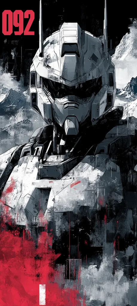 A striking abstract artwork depicts a mech's head and shoulders against a mountainous backdrop.  The style is gritty and textured, using shades of gray and black for the machine and a splash of crimson red in the lower portion.  The number "092" is prominently displayed in red at the top left. The image conveys a powerful, possibly dystopian or futuristic, atmosphere.