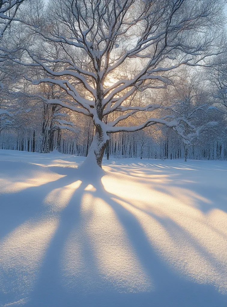 A snow-covered tree stands in a winter wonderland.  The sun shines through its branches, casting long, dramatic shadows across the pristine white snow.  The scene is peaceful and serene, with a soft, ethereal light illuminating the landscape.  The snow blankets the ground and the trees, creating a magical winter setting.
