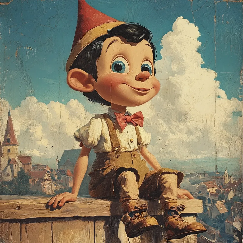 A whimsical painting depicts a stylized Pinocchio, perched atop a wall overlooking a quaint European village.  He wears a red conical hat, a cream shirt, brown shorts and suspenders, and sturdy boots.  His large eyes and cheerful expression convey a sense of wonder and innocence. The background features a sunny sky and a picturesque townscape, enhancing the fairytale atmosphere.  The style suggests a blend of classical painting techniques and modern illustrative elements.