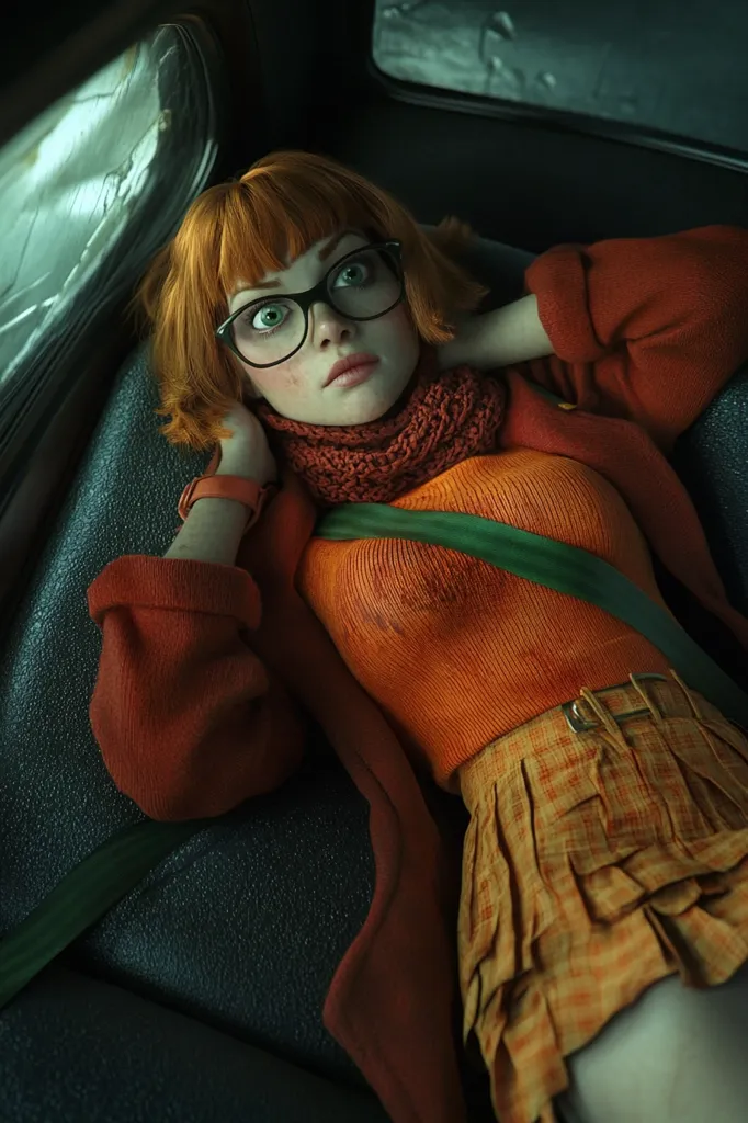 A young woman, styled as Velma from Scooby-Doo, reclines in a vintage car.  She wears an orange turtleneck sweater, a matching plaid skirt, and a burnt orange scarf.  Her signature glasses and reddish-orange bob complete the look.  She gazes thoughtfully out the car window, a contemplative expression on her face. The overall mood is dark and mysterious, enhanced by the vehicle's interior and muted lighting.