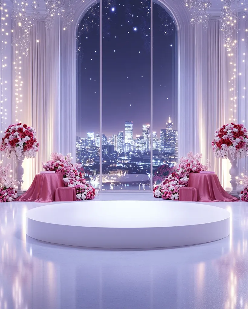 A romantic wedding ceremony setup features a circular white stage centered beneath a large arched window.  The window offers a breathtaking nighttime cityscape view.  Pink and rose floral arrangements flank the stage, adding to the elegant and luxurious atmosphere.  Soft lighting and flowing drapes enhance the scene's dreamy ambiance.