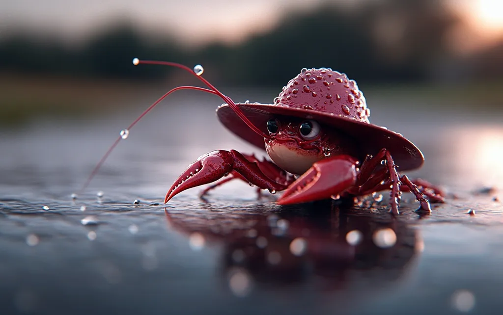 A digitally rendered image showcases a whimsical crayfish donning a wide-brimmed red hat.  Water droplets adorn both the creature and its headwear, suggesting a recent rain shower. The crayfish, with expressive eyes, is positioned on a dark, reflective surface, its reflection subtly mirrored below. The background is blurred, focusing attention on the charming crustacean. The overall mood is playful and imaginative.