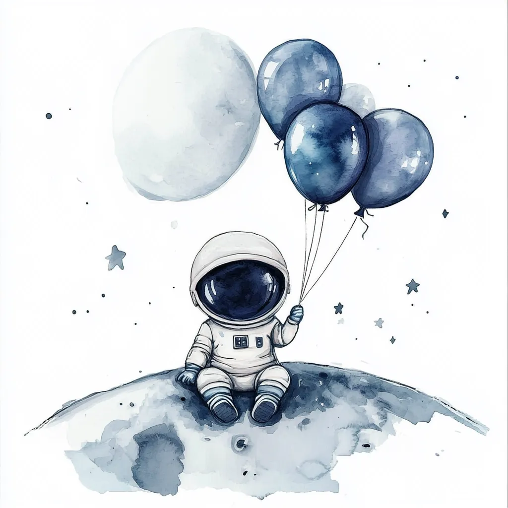 A watercolor illustration depicts a cute astronaut sitting on a moon-like surface, holding three dark-blue balloons.  The astronaut is small and wears a white spacesuit.  A large, pale moon hangs in the background, scattered with small stars.  The overall style is whimsical and childlike, using soft, muted blues and grays.