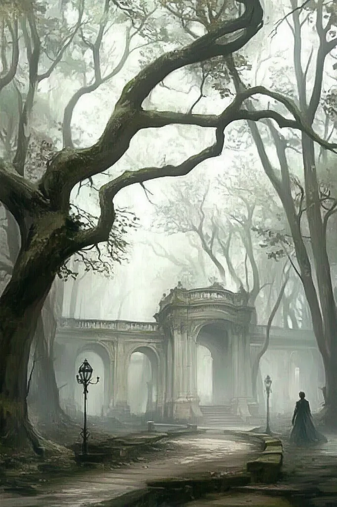 A solitary figure in dark clothing stands before an ancient, stone archway, shrouded in a thick, ethereal fog.  Tall, gnarled trees encircle the scene, their branches reaching out like skeletal arms.  The atmosphere is somber and mysterious, hinting at forgotten grandeur and a sense of isolation.  Two old-fashioned lampposts stand sentinel, adding to the antiquated and haunting ambiance.