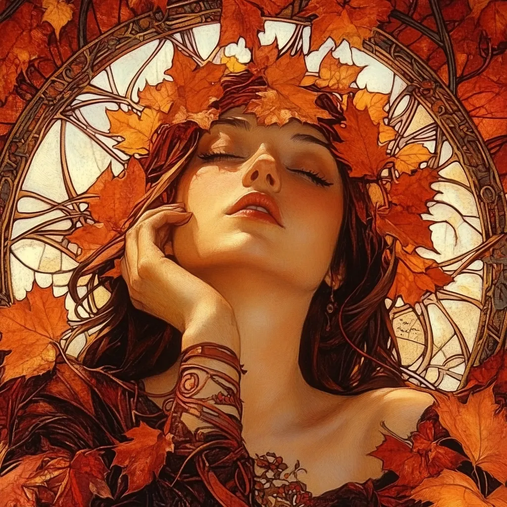 A serene woman with eyes closed rests amidst a crown of autumn leaves.  Her dark hair cascades around her, framed by an Art Nouveau-style circular design.  Warm, earthy tones dominate the image, evoking a sense of peace and the beauty of the fall season.  Intricate details in her attire and the leafwork showcase a meticulous artistic style. The overall mood is one of quiet contemplation and natural elegance.