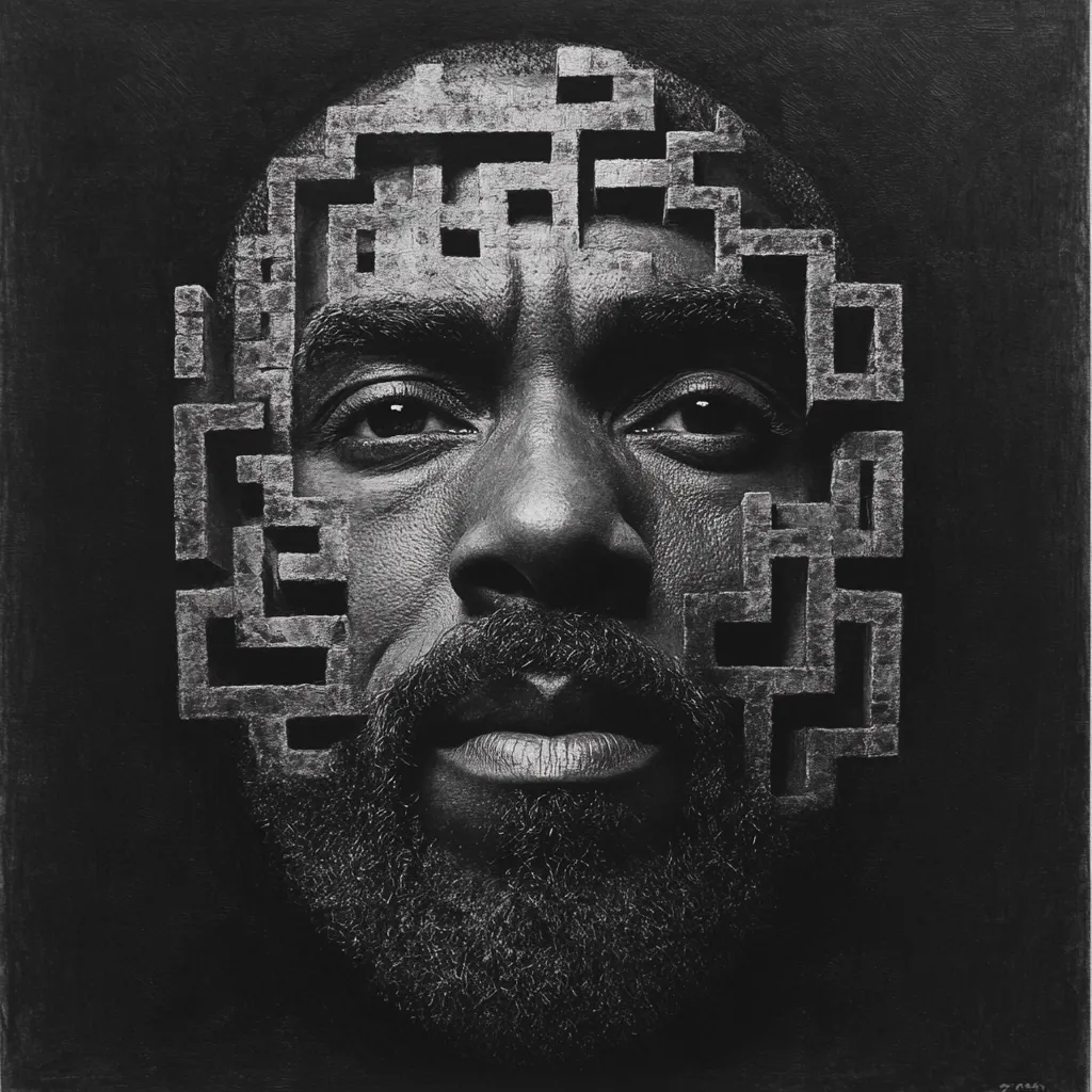 A black and white close-up portrait of a man's face.  A complex, maze-like structure of grey, blocky shapes is superimposed over the right half of his face, partially obscuring his features. The man's expression is serious and contemplative, his beard thick and well-groomed. The contrast between the smooth skin and the rough texture of the maze creates a striking visual effect. The overall tone is dark and moody, conveying a sense of mystery and introspection.