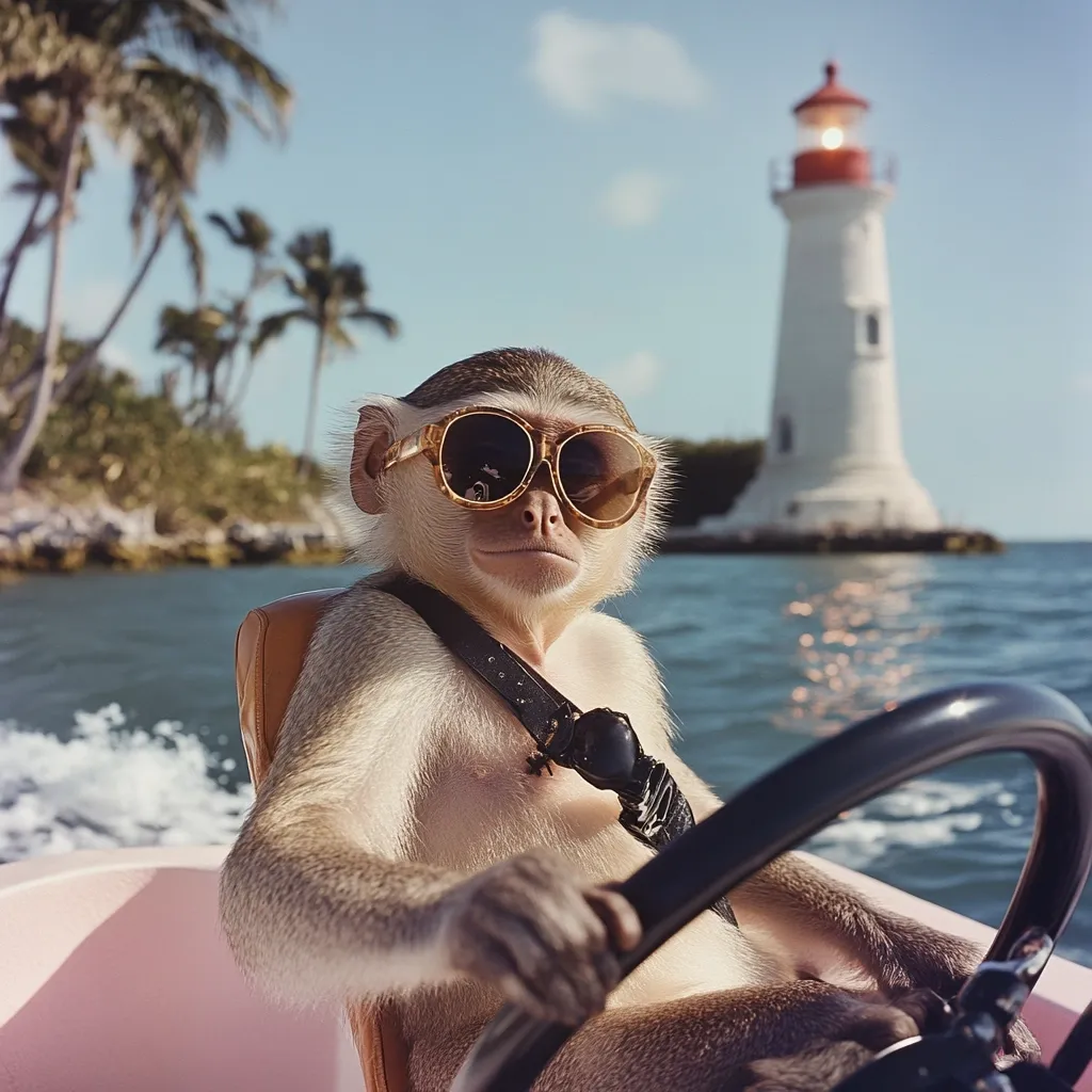 A monkey wearing sunglasses sits at the helm of a small boat, navigating the tranquil waters. A lighthouse stands in the background, adding a picturesque touch to the scene. The monkey appears calm and composed, its expression suggesting a confident demeanor as it steers the vessel. The overall image is humorous and whimsical.
