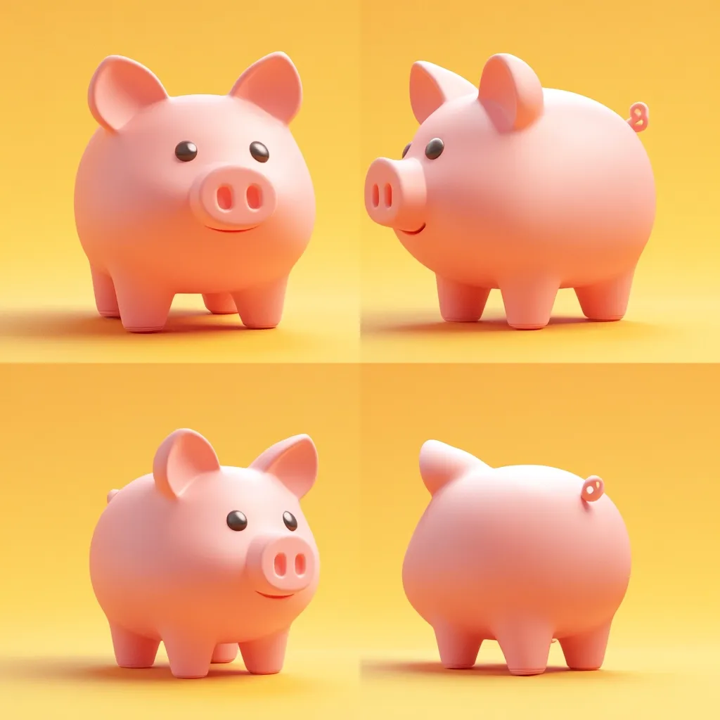 Four pink piggy banks are displayed against a yellow background, each shown from a different angle.  The cartoonish pigs have simple features and are presented in a front, side, back, and three-quarter view, showcasing their design and three-dimensional form.  The image is clean and minimalist, suitable for illustrating savings or financial concepts.