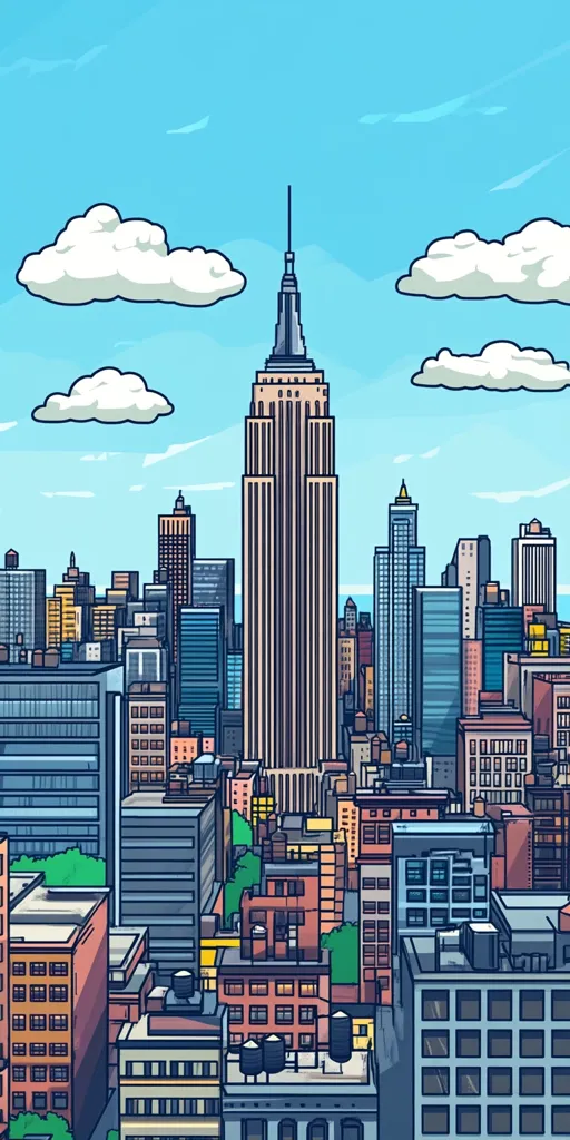 A stylized illustration of the New York City skyline, dominated by the Empire State Building.  The cartoonish style depicts numerous buildings of varying heights and colors under a bright blue sky dotted with fluffy white clouds.  The image offers a bird's-eye perspective, showcasing the dense urban landscape and the iconic skyscraper at its center.