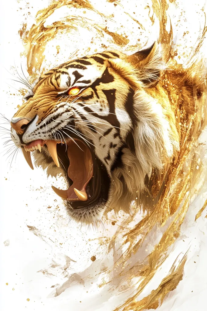 A majestic tiger's head, rendered in striking detail, dominates the foreground.  Its mouth is open in a fierce roar, revealing sharp teeth.  The tiger is depicted with glowing, fiery eyes, adding to its intensity.  The background features a dynamic splash of gold, creating a powerful and visually arresting image. The gold paint splatter evokes movement and energy, enhancing the tiger's powerful presence.