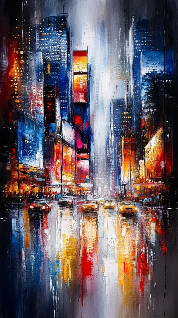 A vibrant, abstract painting depicts a bustling city street at night, possibly Times Square.  Bold strokes of blue, red, yellow, and gray create a sense of movement and energy.  Brightly lit billboards and towering buildings are suggested, reflected in a wet street where cars move through the scene.  The impasto technique adds texture and depth, capturing the city's dynamic atmosphere.