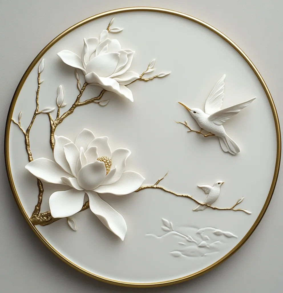 A circular white wall decor features exquisite 3D relief carvings. Two magnolia blossoms and two birds are intricately sculpted, accented by gold-painted branches. The piece exudes elegance and serenity, ideal for adding a touch of artistry to any space.  The smooth, white background contrasts beautifully with the detailed floral and avian elements.
