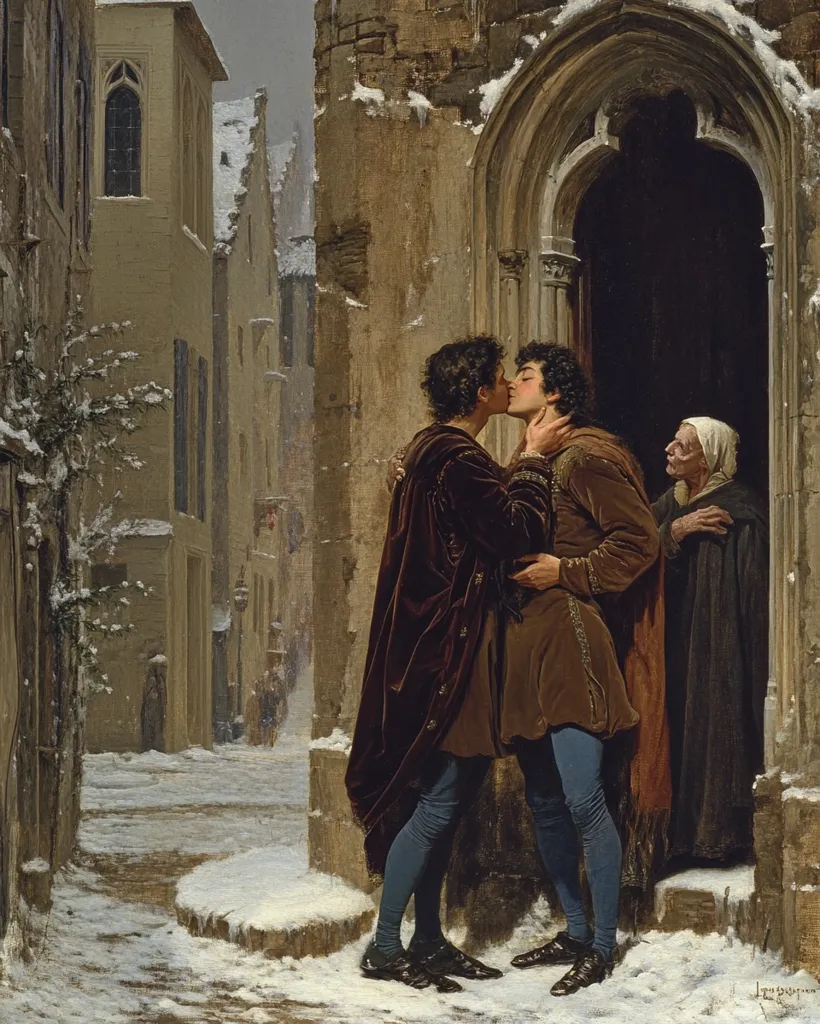 A snowy winter scene depicts two men passionately kissing in a medieval doorway.  They are dressed in rich, dark clothing. An elderly woman observes them from the doorway's threshold. The background shows a quiet, snow-covered street in a European town. The painting conveys a sense of secrecy and romance.