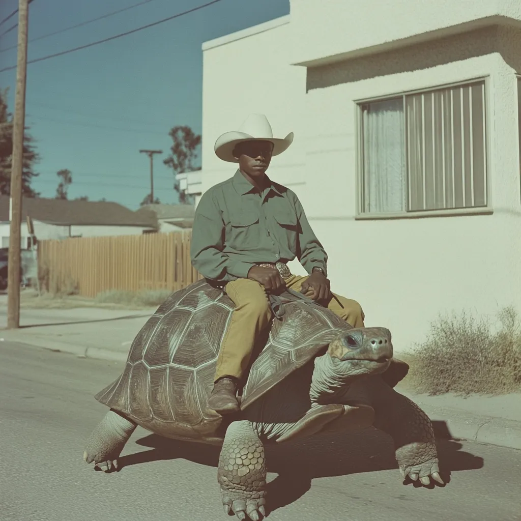 A Black man in a cowboy hat and green shirt sits astride a giant tortoise on a residential street.  He's wearing khaki pants and appears to be holding reins. The tortoise is large, with a textured shell, and moves slowly along the road.  The background features a suburban house and a fence.  The overall scene is surreal and humorous.