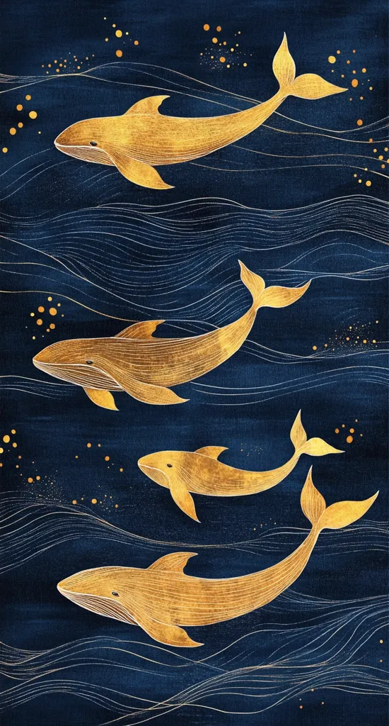 A navy blue background features four stylized golden whales swimming gracefully through flowing, elegant lines suggesting ocean waves.  Gold speckles add a celestial touch. The whales are depicted in a minimalist style, their forms emphasizing their streamlined bodies and powerful tails.  The overall effect is one of serene beauty and sophisticated artistry.