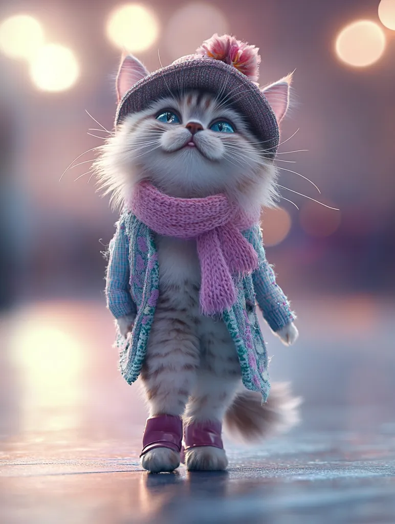 A fluffy kitten, adorned in a gray hat, pink scarf, and light blue coat, stands on a pavement.  It wears tiny pink boots and gazes upwards with bright blue eyes, a serene expression on its face. The background is blurred, showing warm-toned bokeh lights suggesting a twilight or evening setting. The image is digitally enhanced, creating a charming and whimsical effect.