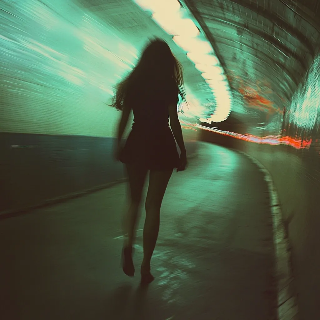 A silhouetted woman walks down a tunnel bathed in teal light.  Her long hair flows behind her as she moves, creating a sense of motion blur.  The tunnel's walls are lined with lights, their glow reflected in the wet pavement.  The overall atmosphere is mysterious and slightly melancholic. The image has a vintage, film-like quality.