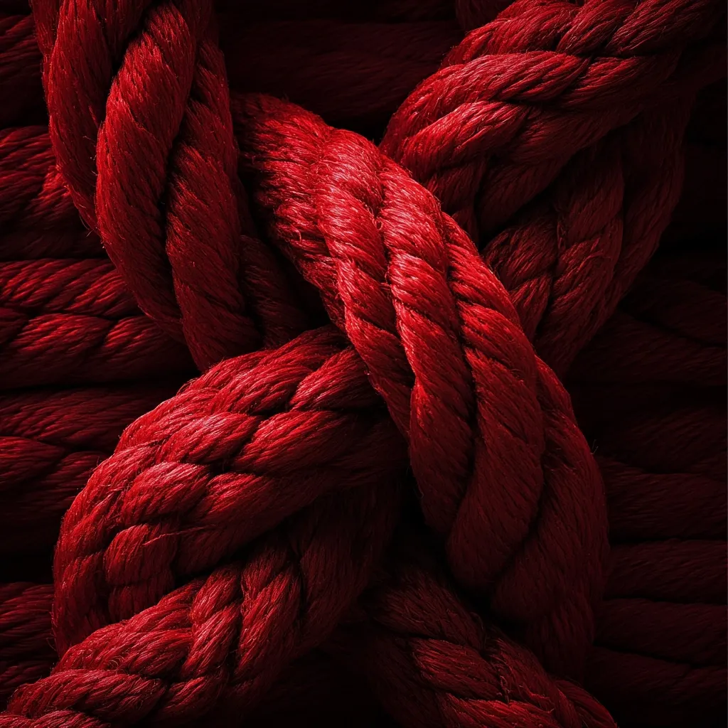 A close-up shot reveals a complex interwoven pattern of thick, crimson ropes.  The deep red color and textured surface of the ropes create a rich, dramatic image.  The ropes are intricately knotted, suggesting strength and interconnectedness.  The lighting emphasizes the depth and shadows within the rope's texture.
