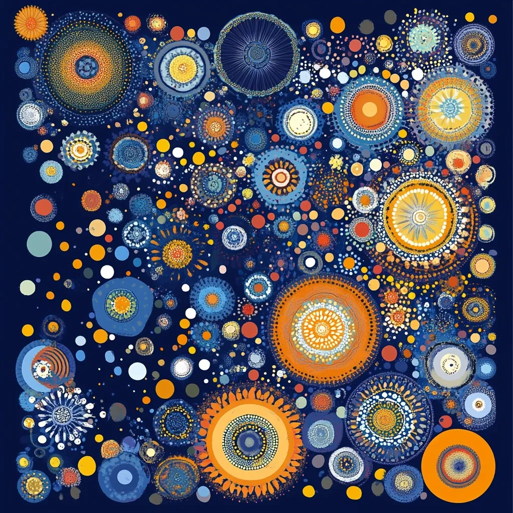 A vibrant abstract artwork bursts with color and pattern.  Numerous circles, ranging in size and complexity, are scattered across a deep blue background.  The circles feature intricate mandala-like designs in shades of orange, yellow, and blue, creating a sense of depth and movement.  Smaller dots and splashes of color add texture and visual interest. The overall effect is one of energetic chaos and organic beauty.