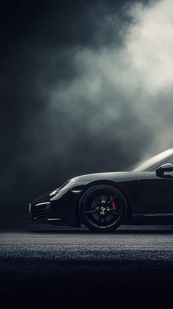 A sleek, black Porsche sits on a dark, textured road against a backdrop of smoky clouds.  The car's profile is emphasized, highlighting its powerful wheel and subtle details. The moody lighting and atmospheric background create a dramatic and luxurious feel. The image focuses on the car's elegance and power.