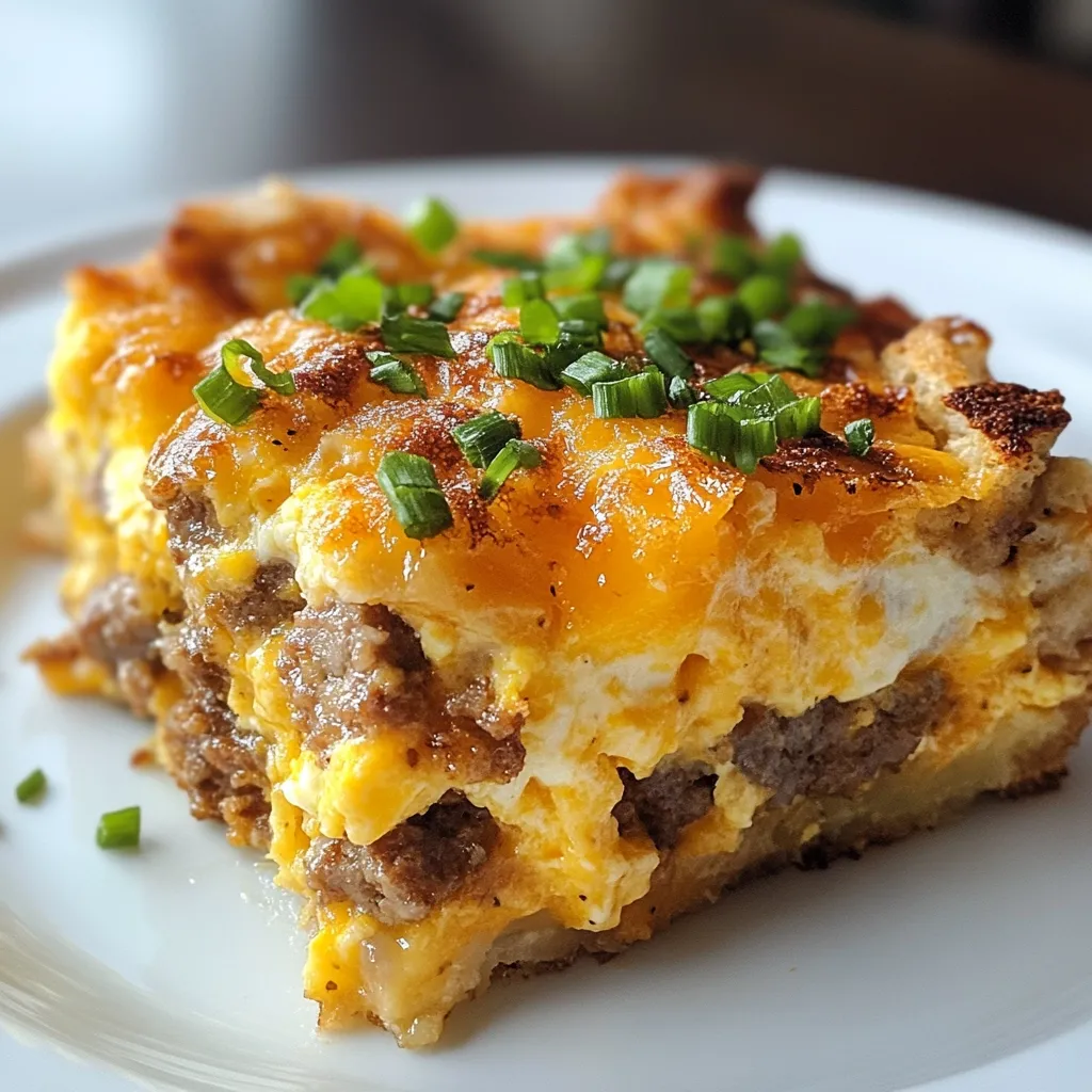 A close-up shot reveals a savory breakfast casserole, generously topped with melted cheddar cheese and freshly chopped chives.  The casserole's layers are visible, showcasing sausage, eggs, and what appears to be bread or potatoes.  It rests on a white plate, suggesting a delicious and hearty breakfast or brunch dish.