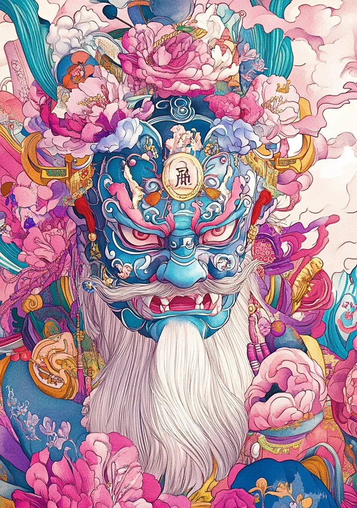 A vibrant digital artwork depicts a fantastical figure, possibly a deity or oni, with a large, ornate mask.  The mask is predominantly blue and features sharp teeth and intense eyes.  The figure's long white beard flows down, surrounded by a profusion of pink and purple peonies and other floral elements.  Intricate details and flowing lines create a sense of movement and energy, suggesting a powerful and majestic presence. The overall style blends traditional East Asian art with a modern, digital aesthetic.