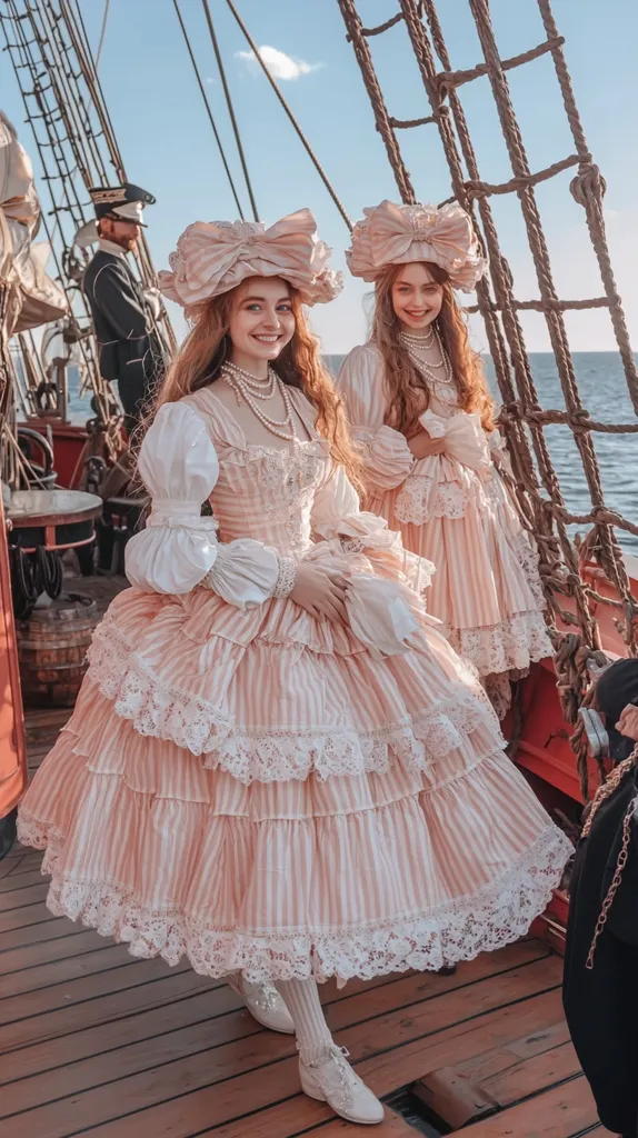 Two young women in elaborate pink and white striped dresses and large hats stand on the deck of a tall ship.  Their dresses feature multiple layers of ruffles and lace trim.  The ship's rigging and a sailor in the background add to the nautical scene. The overall aesthetic is romantic and whimsical.