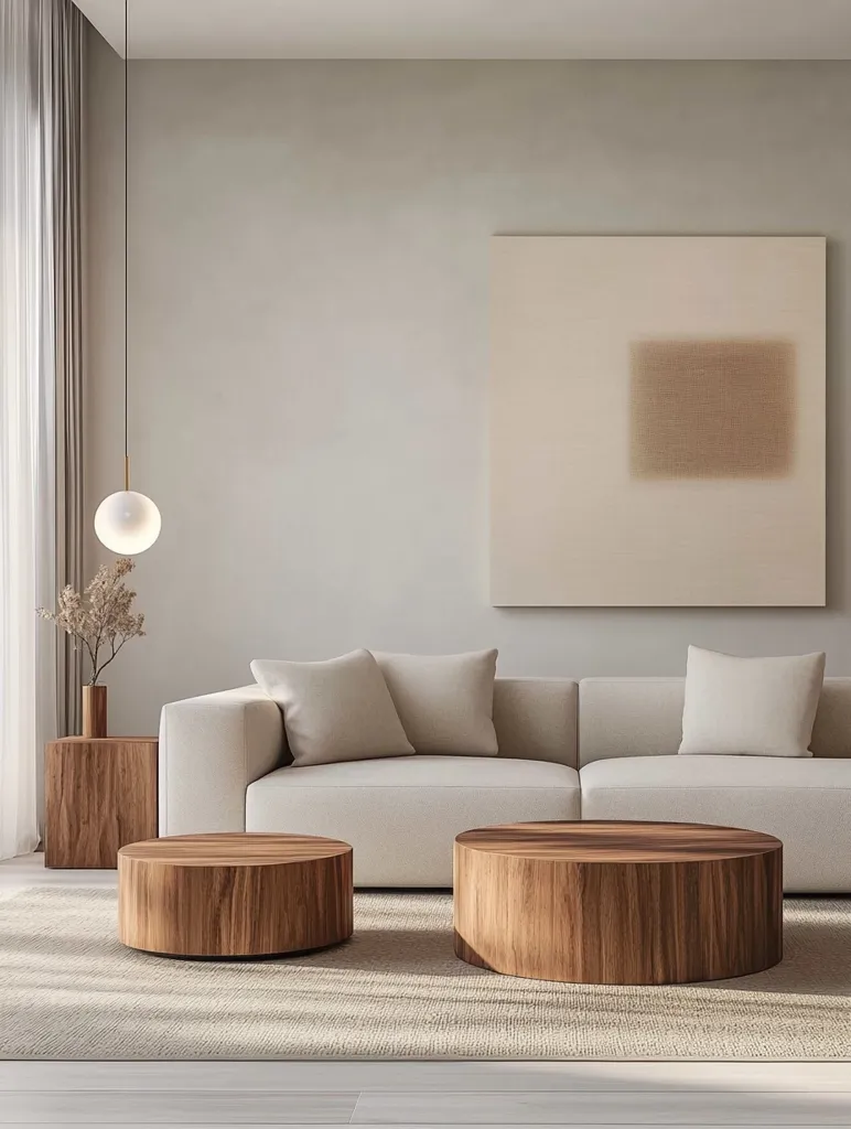 A minimalist living room features a light beige sofa with plush cushions, two cylindrical wooden coffee tables, and a simple pendant light.  A muted beige abstract artwork hangs on the wall above the sofa.  The room is bathed in soft, natural light, creating a calm and serene atmosphere. A small wooden side table completes the neutral palette.