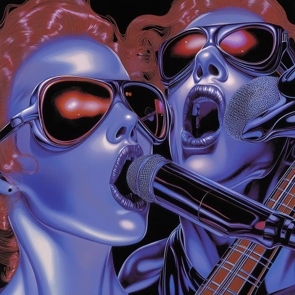A vibrant, stylized artwork depicts two women with red hair and oversized sunglasses, singing into a single microphone.  Their faces are rendered in cool blues and purples, contrasting with the warm tones of their hair.  A guitar neck is partially visible in the bottom right corner, suggesting a musical performance. The style is reminiscent of pop art and graphic design, with a strong focus on bold colors and lines.