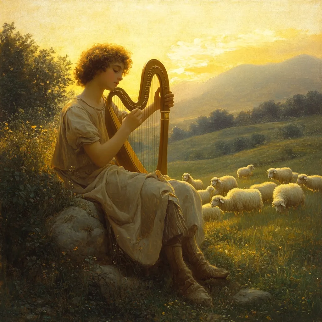 A young shepherd boy, with curly brown hair, sits on a rock playing a harp at sunset.  He is dressed in simple, light-colored clothing.  A flock of sheep grazes peacefully in the golden light of the idyllic, rolling hills in the background. The scene evokes a sense of tranquility and pastoral charm.  The warm tones of the painting create a peaceful and serene atmosphere.