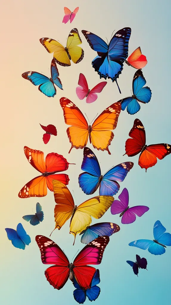 A vibrant collection of colorful butterflies floats against a soft, pastel background.  The butterflies showcase a rainbow of hues, from bright blues and oranges to reds, yellows, and purples.  They are depicted in various positions and sizes, creating a dynamic and lively scene.  The overall effect is one of beauty and delicate movement.