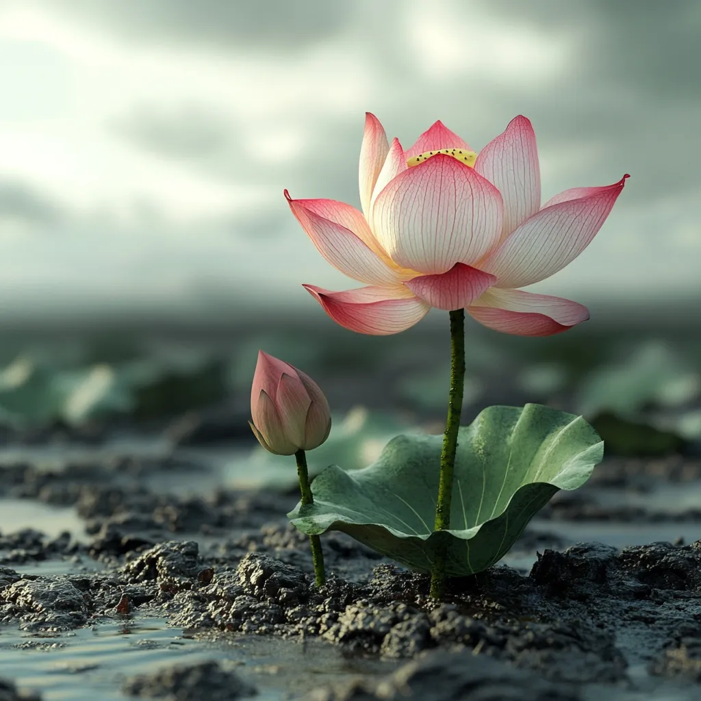 A pink lotus flower in full bloom stands tall amidst muddy waters, its delicate petals unfurling under a soft, cloudy sky.  A smaller, unopened bud grows beside it, symbolizing growth and potential. The contrast between the beauty of the flower and the dark, rich mud highlights the resilience of nature. The scene is serene and evokes a sense of peace and tranquility.