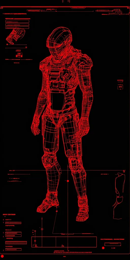 A red wireframe model of a futuristic soldier, clad in advanced armor, is centrally positioned against a black background.  Surrounding the figure are various red digital readouts and schematics, reminiscent of a technical blueprint or HUD display. The design suggests a video game character or concept art, emphasizing technological detail and a sleek, aggressive aesthetic.  The overall style is dark, technical, and visually striking.